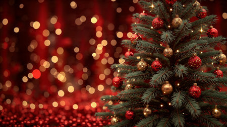 Modern holiday visual with elegant red ornaments and lush tree branches illuminated by warm light.の写真素材