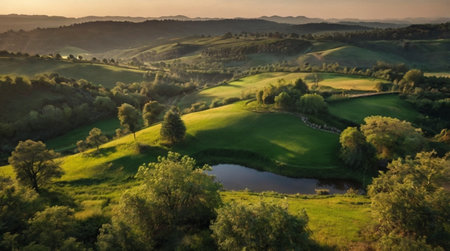 Aerial view of a beautiful green landscape in the morning.の写真素材