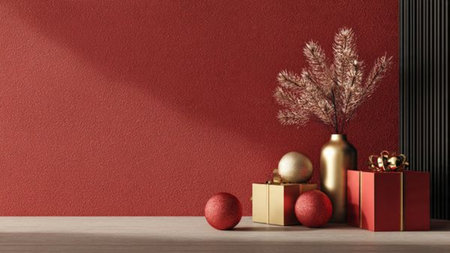 Elegant red and gold holiday scene with precise gold accents adding contrast.の写真素材