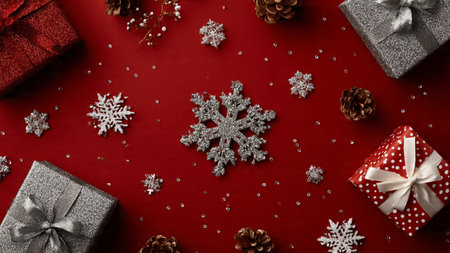 Elegant winter frame with soft navy gradients and minimal silver baubles aligned around the edges.の写真素材