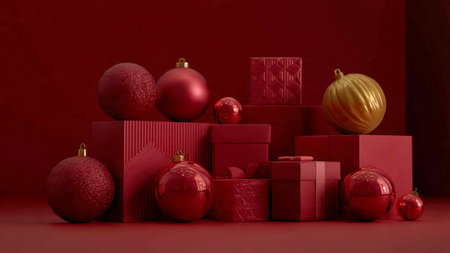 Smooth red surface decorated with clean, geometric silver placements.の写真素材