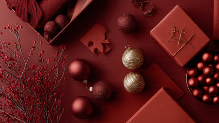 Clean commercial-style top-view Christmas design with metallic snowflakes scattered over a solid blue field.の写真素材