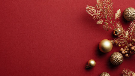 Modern premium mockup with deep-red matte texture and golden leaves offering a luxurious holiday presentation.の写真素材