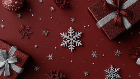 Cool monochrome holiday flat lay with silver accents placed with careful precision.の写真素材