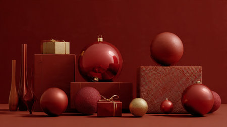 Vintage navy holiday backdrop adorned with weathered silver bells and rustic gift wrapping.の写真素材