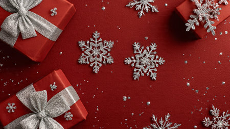 A polished winter scene featuring blue gift boxes with metallic silver bows and subtle cold reflections.の写真素材