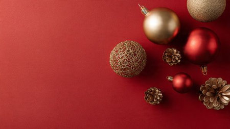 Luxury winter layout showcasing red packages and golden ornaments.の写真素材