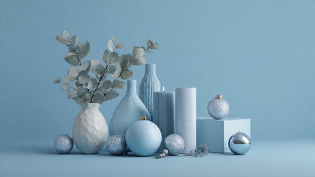 Minimalist frame layout featuring smooth blue textures and glittering silver stars.の写真素材