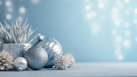 Deep-blue gift wrapping scene with luxury polished silver accents.の写真素材