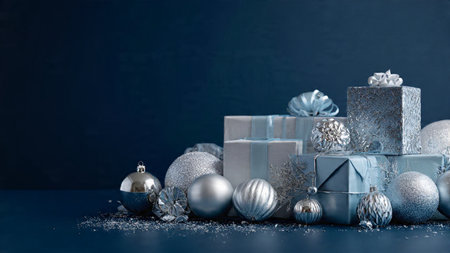 Modern holiday composition using deep-blue surfaces and shimmering silver stars in a balanced grid.の写真素材