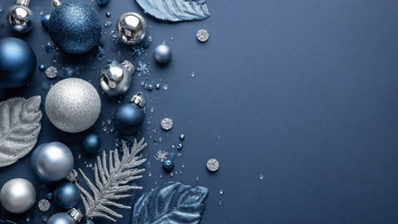 Silver ornaments placed along a gradient navy backdrop for a sleek modern Christmas feel.の写真素材