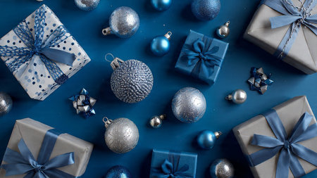 Textured navy background paired with vintage-style silver ornaments for a nostalgic winter look.の写真素材