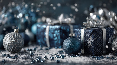 Vintage navy flat lay with antique silver bells arranged symmetrically.の写真素材