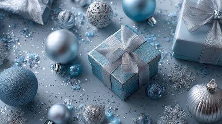 Monochrome blue holiday concept featuring minimal silver touches.の写真素材