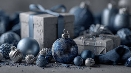 A clean icy-blue composition featuring polished silver ornaments arranged in a precise winter pattern.の写真素材
