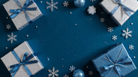 Blue monochrome festive look with cold lighting and refined silver accents.の写真素材