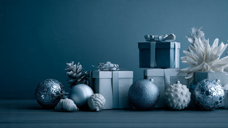 Classic winter setup combining deep-blue textures and bright silver accents.の写真素材