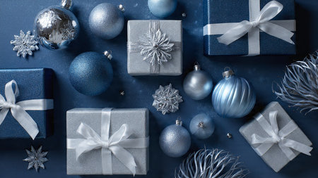 Vintage winter frame using weathered navy textures and old-style silver ornaments.の写真素材