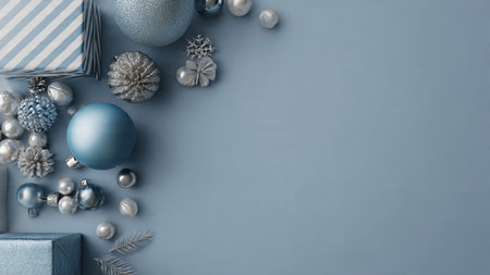 Aged navy holiday board with antique silver ornaments arranged stylishly.の写真素材