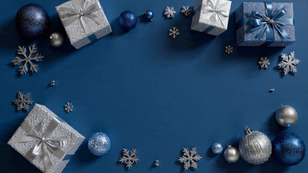 Blue monochrome festive mockup with subtle cold glow and metal reflections.の写真素材