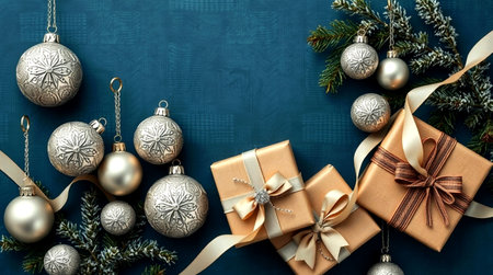 Luxury gift boxes in blue tones paired with shiny silver bows for a premium aesthetic.の写真素材