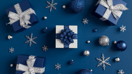 Sleek winter theme with icy-blue packaging and high-polish metal ornaments.の写真素材
