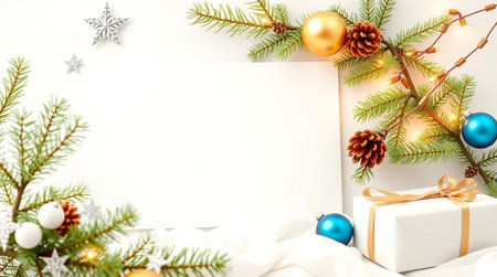 Matte blue holiday board with evenly arranged reflective ornaments.の写真素材