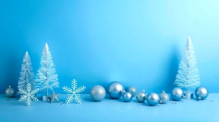 A chic monochrome blue holiday mockup accented by high-shine silver details.の写真素材