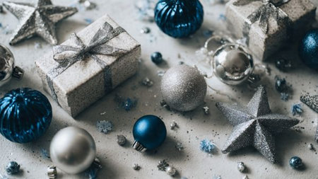 Antique silver snowflakes displayed beautifully over textured navy paper.の写真素材
