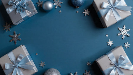 Blue-themed holiday mockup with clean lines, modern shapes, and subtle metallic highlights.の写真素材