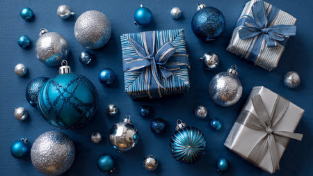 Sleek winter theme with icy-blue packaging and high-polish metal ornaments.の写真素材