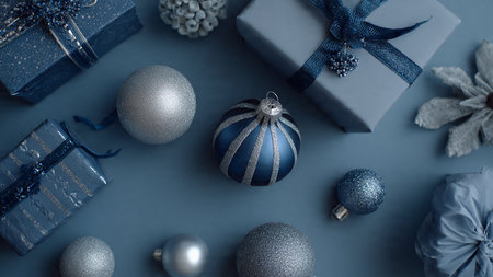Premium holiday top view with meticulously arranged silver-and-blue decorations.の写真素材