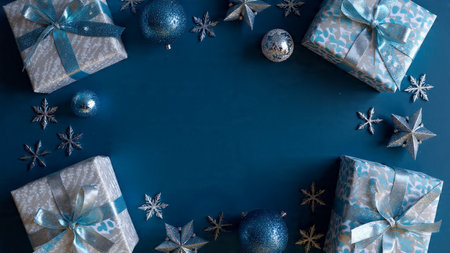 Sleek icy-blue layout with refined metallic decorations spaced precisely.の写真素材