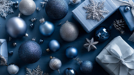 A modern minimalist holiday setup featuring blue-and-silver dの写真素材