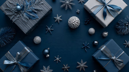 Clean winter scene with blue boxes wrapped in metallic silver fabric ribbons.の写真素材