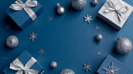 Winter composition featuring icy blue tones, reflective silver dの写真素材