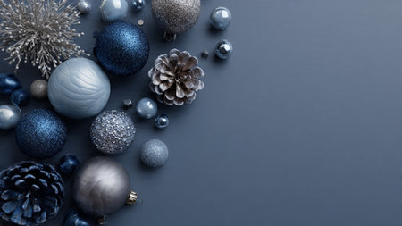 Subtle winter arrangement featuring matte blue ornaments and brushed-silver accents aligned neatly.の写真素材