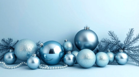 Subdued holiday scene with matte navy textures and lightly tarnished silver ornaments.の写真素材
