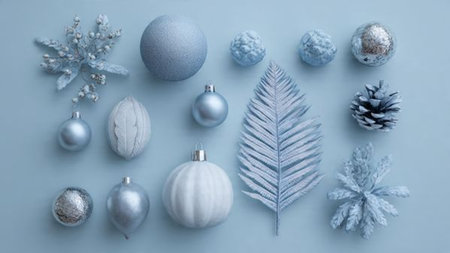 Winter flat lay featuring brushed-silver snowflakes over a textured deep-blue backdrop.の写真素材
