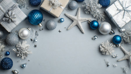 Polished winter top view featuring metallic snowflakes and dark blue textures.の写真素材