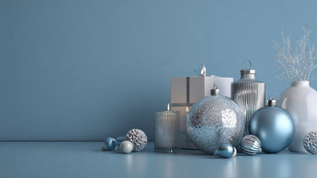 Blue monochrome ornaments paired with clean metallic ribbons in a premium top view.の写真素材