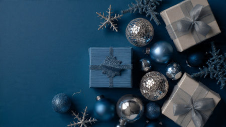 Elegant top-view design combining smooth blue textures with shimmering silver ribbons.の写真素材