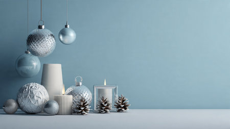 Rustic winter presentation with aged navy tones and soft silver ribbon highlights.の写真素材