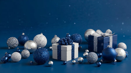 Rustic ribboned gifts placed over a textured navy cloth with silver accents.の写真素材