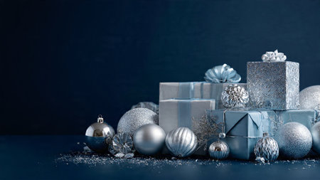 Luxury gift boxes in blue tones paired with shiny silver bows for a premium aesthetic.の写真素材