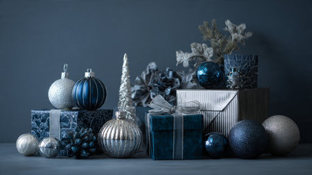 Blue monochrome holiday layout with reflective silver details.の写真素材