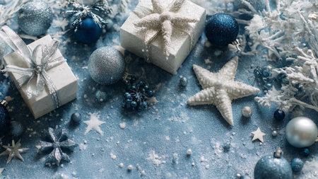 Vintage navy decorative board with tarnished silver ornaments laid symmetrically.の写真素材