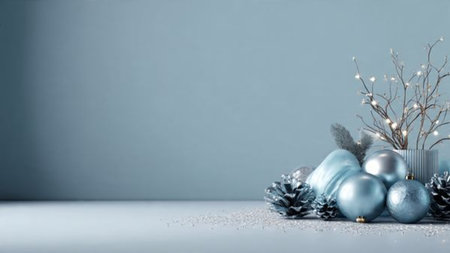 Blue monochrome design featuring smooth gift boxes contrasted by shiny silver ribbons and ornaments.の写真素材