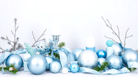 Blue monochrome flat lay accented by delicate silver gift ribbon and premium packaging aesthetics.の写真素材