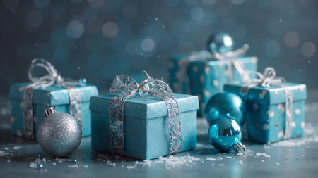 Frosted cool-toned Christmas frame with sparkling silver baubles.の写真素材